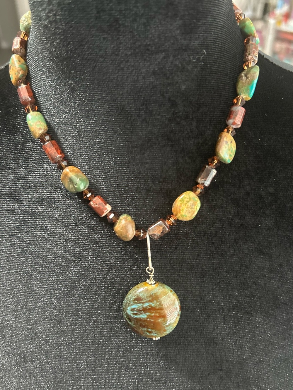 Handcrafted Green and Brown Beaded Pendant Necklace